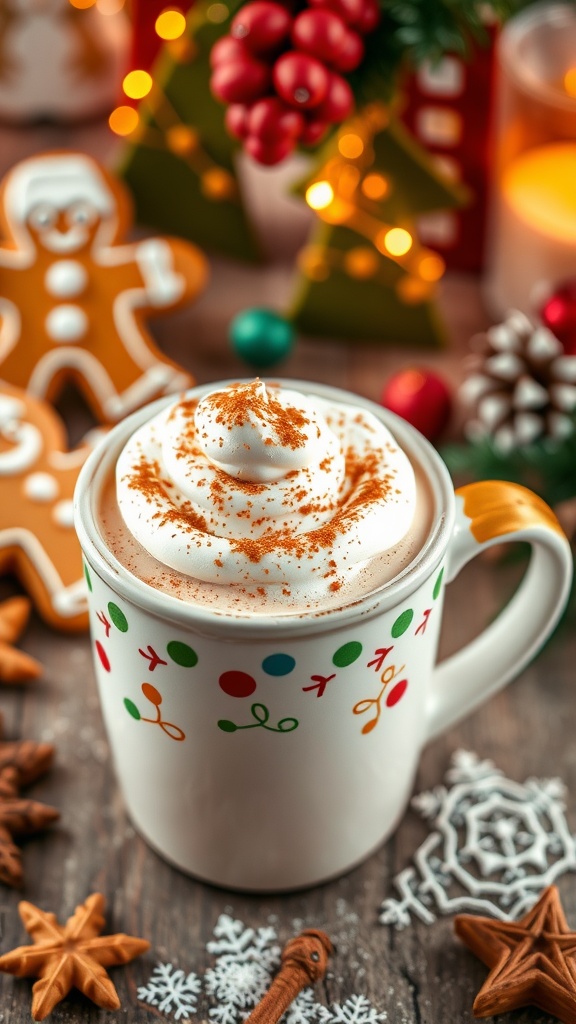 Spiced gingerbread latte with whipped cream and cinnamon, alongside gingerbread cookies in a festive setting.